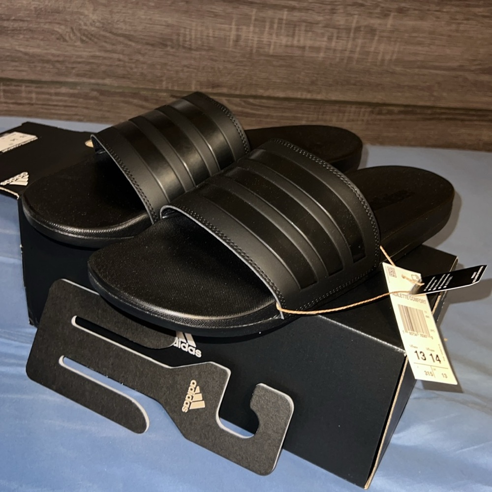 New Men's Blacked Out Adidas Adilette Comfort Slides